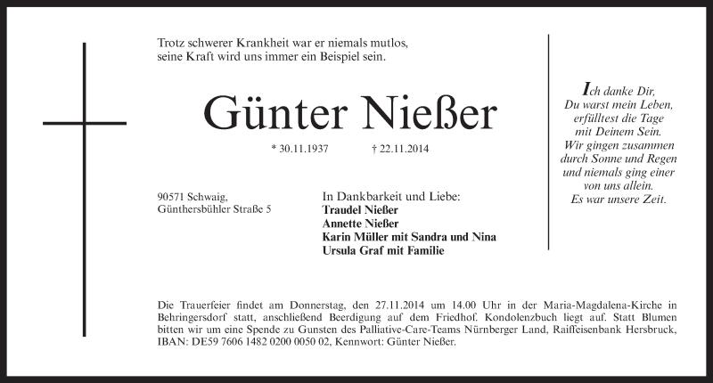 Traueranzeige für Günter Nießer vom 26.11.2014 aus Pegnitz-Zeitung